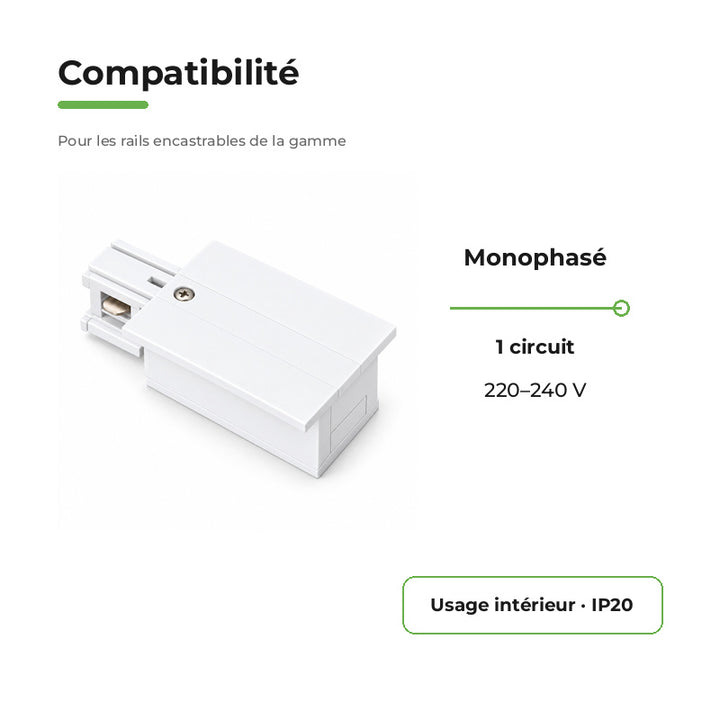 Connecteur d'Alimentation pour Rail Encastrable Monophasé Blanc
