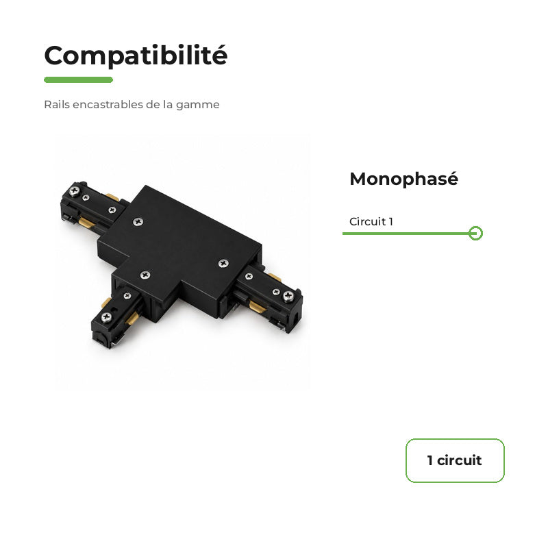 Connecteur T Rail Encastrable Monophasé Noir