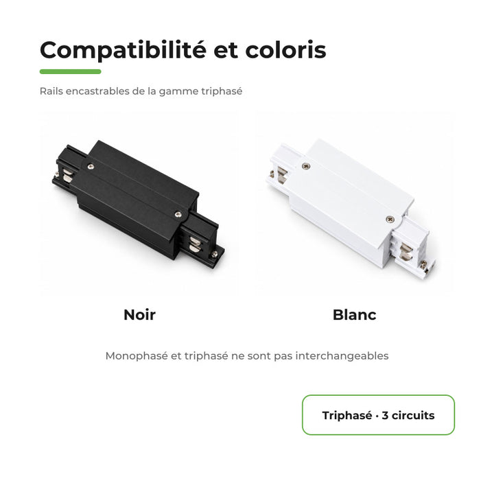 Connecteur Droit Rail Encastrable Triphasé Noir