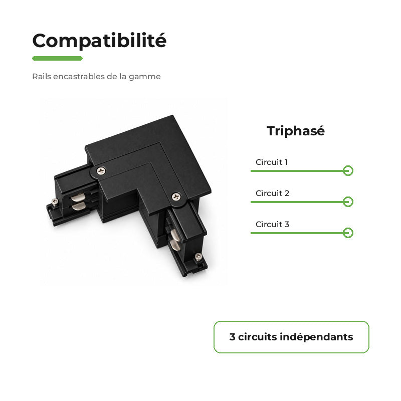 Connecteur L Rail Encastrable Triphasé Angle 90° Noir