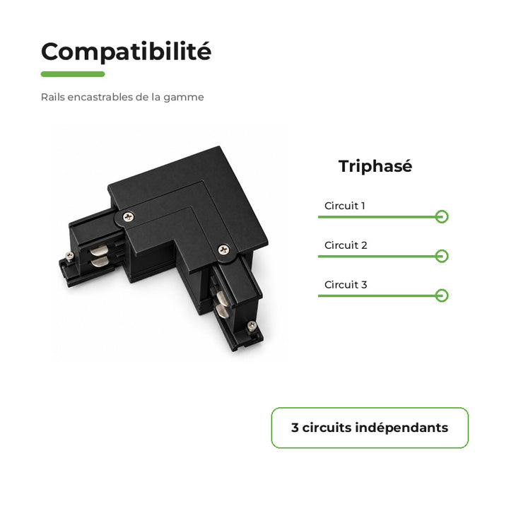 Connecteur L Rail Encastrable Triphasé Angle 90° Noir