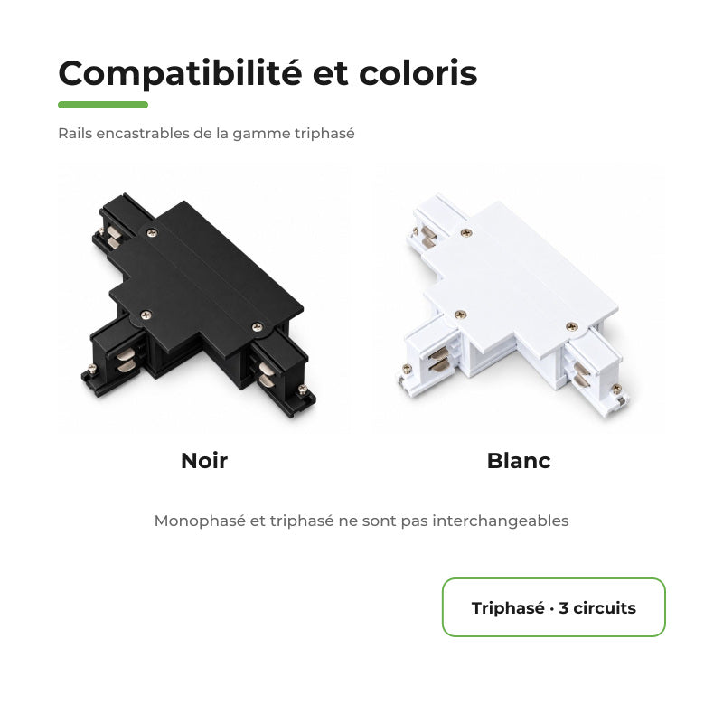 Connecteur T Rail Encastrable Triphasé Noir