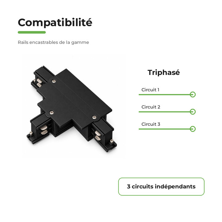 Connecteur T Rail Encastrable Triphasé Noir