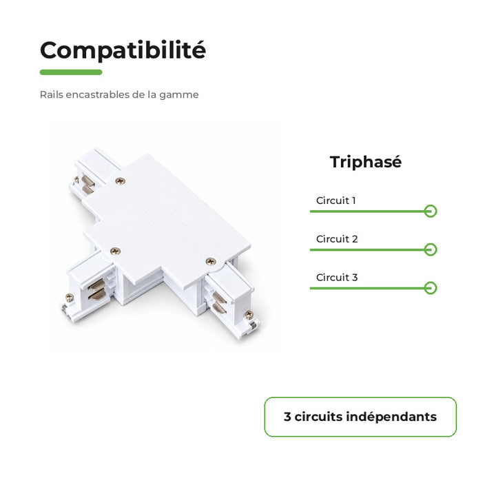 Connecteur T Rail Encastrable Triphasé Blanc