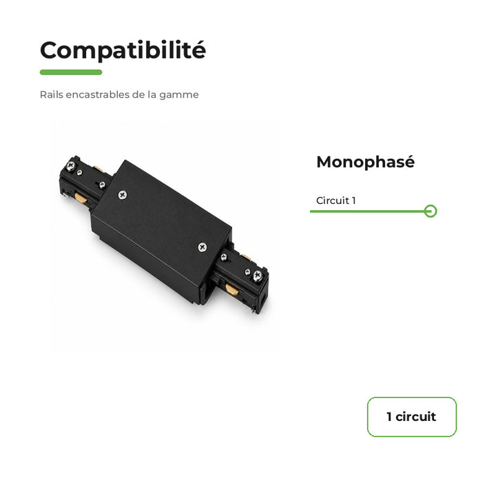 Connecteur Droit Rail Encastrable Monophasé Noir