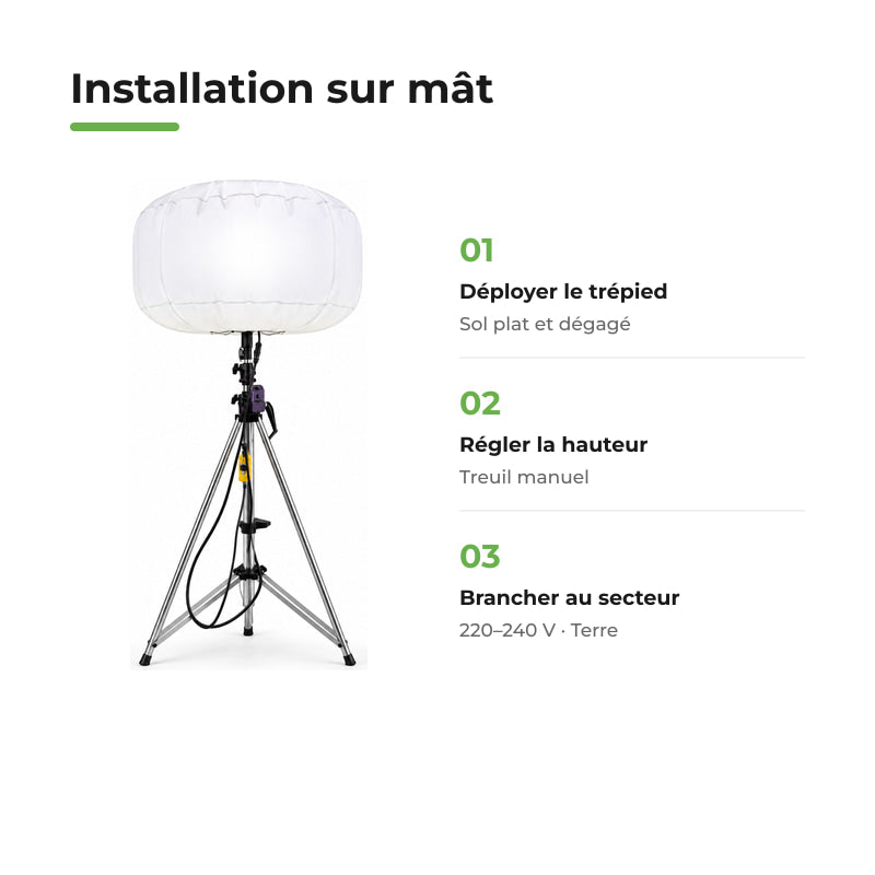 Ballon Lumineux LED 800W 100000 lm sur Mât Télescopique 4,30m