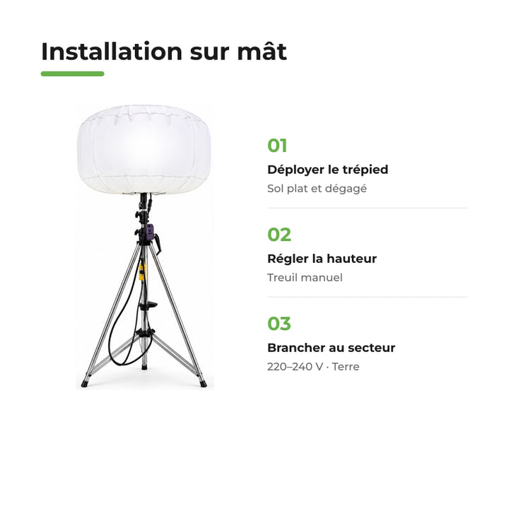 Ballon Lumineux LED 800W 100000 lm sur Mât Télescopique 4,30m
