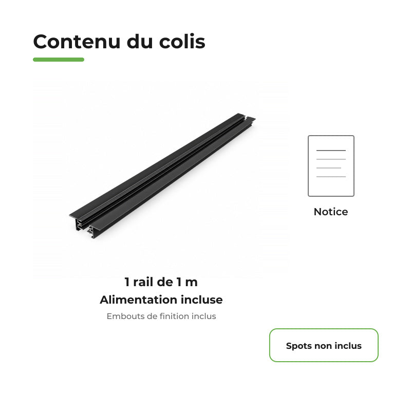 Rail Encastrable Monophasé Plat 1m Noir
