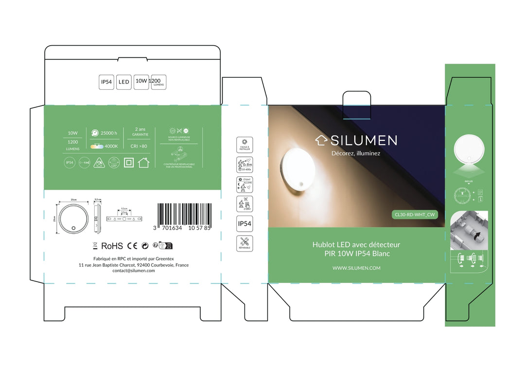 Pack de 10 - Hublot LED Extérieur Rond 10W IP54 Blanc avec détecteur de mouvement