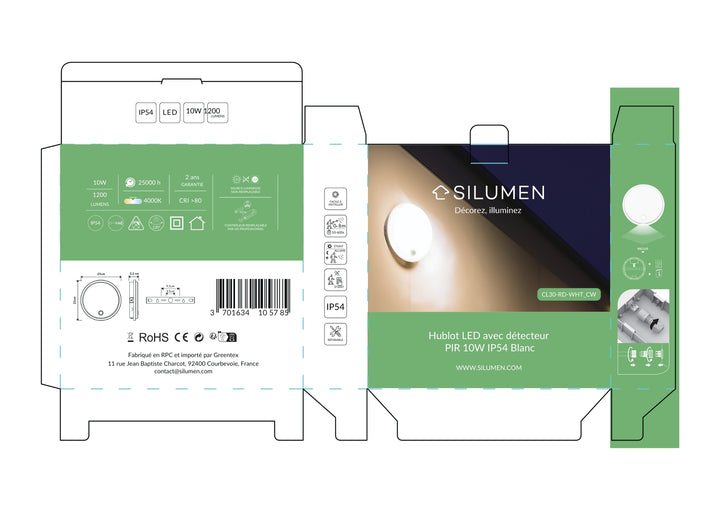 Pack de 10 - Hublot LED Extérieur Rond 10W IP54 Blanc avec détecteur de mouvement