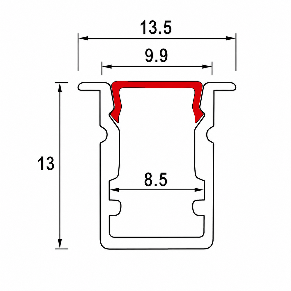 Dimensions du profilé encastrable BARRA-7 : 13,5 mm de collerette, 9,9 mm de corps, 13 mm de hauteur, 8,5 mm de logement ruban