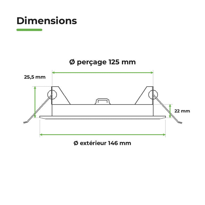 Downlight Dalle LED Ronde Ø146mm 9W Blanc CCT - Pack de 10 – dimensions