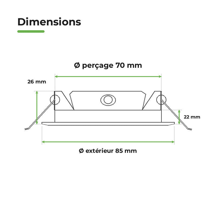 Downlight Dalle LED Ronde Ø85mm 4W Dimmable Blanc CCT - Pack de 10 – dimensions