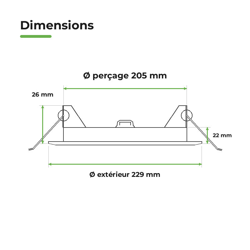 Downlight Dalle LED Ronde Ø229mm 18W Dimmable Blanc CCT - Pack de 10 – dimensions