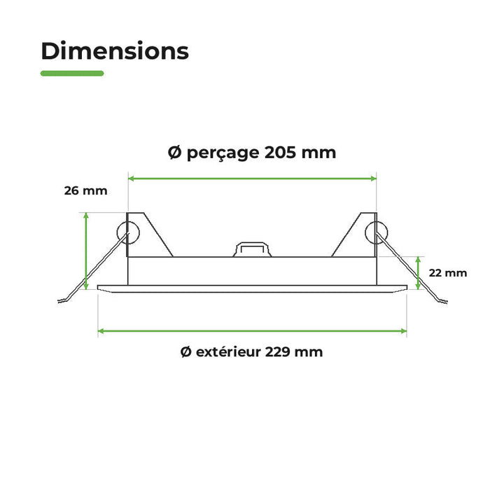 Downlight Dalle LED Ronde Ø229mm 18W Dimmable Blanc CCT - Pack de 10 – dimensions