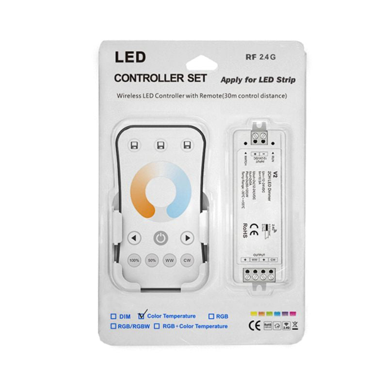 Kit Contrôleur LED CCT RF 12-24V DC Max 10A avec Télécommande - Blanc