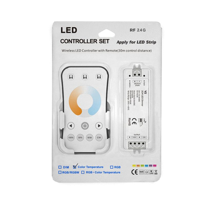 Kit Contrôleur LED CCT RF 12-24V DC Max 10A avec Télécommande - Blanc