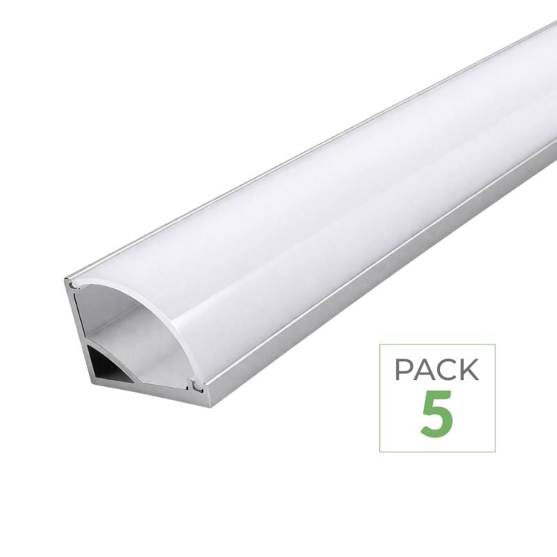 Pack de  5 - Profilé Aluminium Angle pour Bandeau LED Couvercle Blanc Opaque
