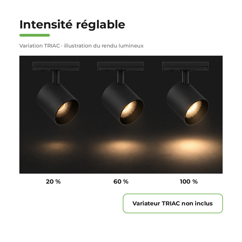 Spot LED sur Rail Noir Monophasé 24W 36° TRIAC Dimmable