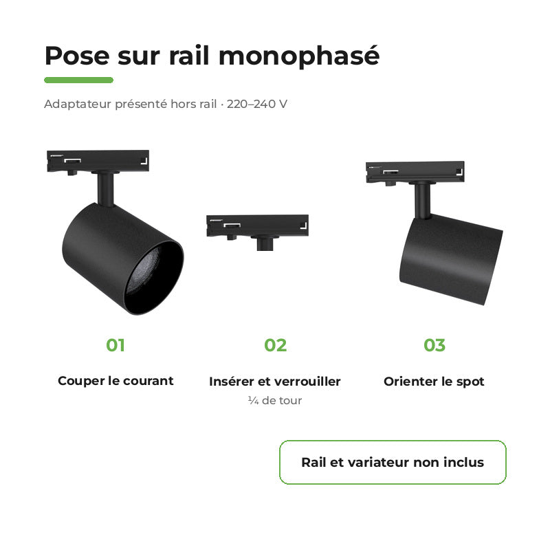 Spot LED sur Rail Noir Monophasé 24W 36° TRIAC Dimmable