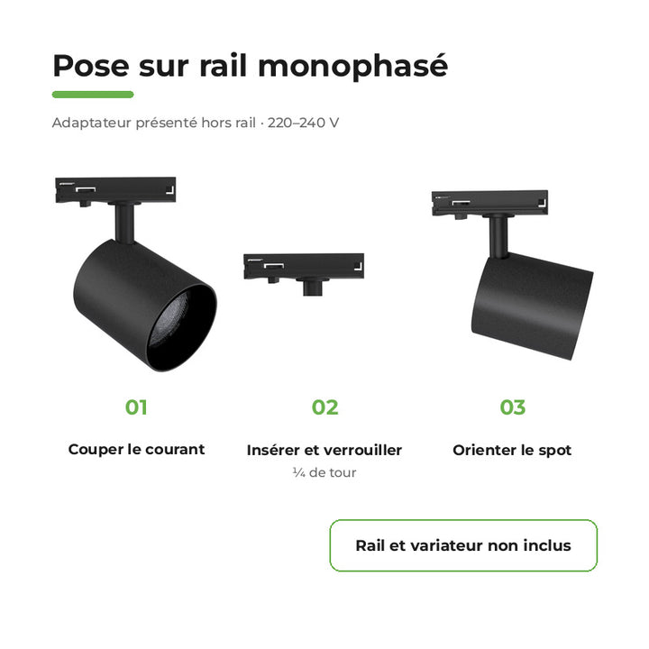 Pack 10 Spot LED sur Rail Monophasé 24W Dimmable TRIAC 36° Noir