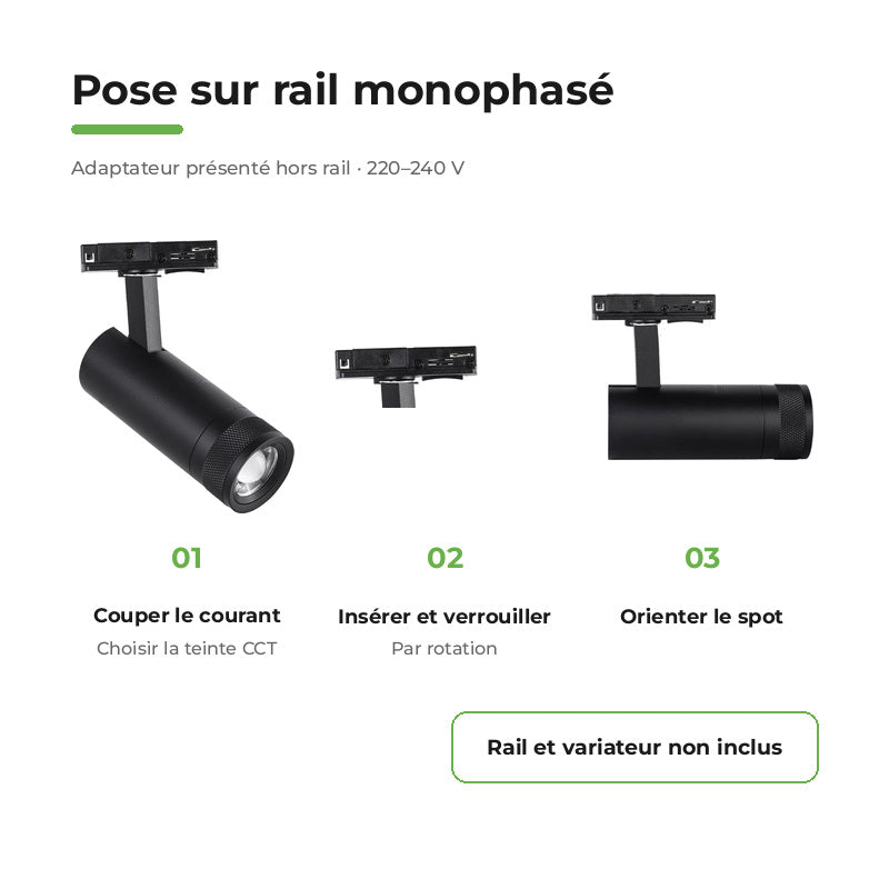 Spot LED sur Rail Noir Angle Ajustable Monophasé 30W 15-60° CCT TRIAC Dimmable - 3000K/4000K/6000K