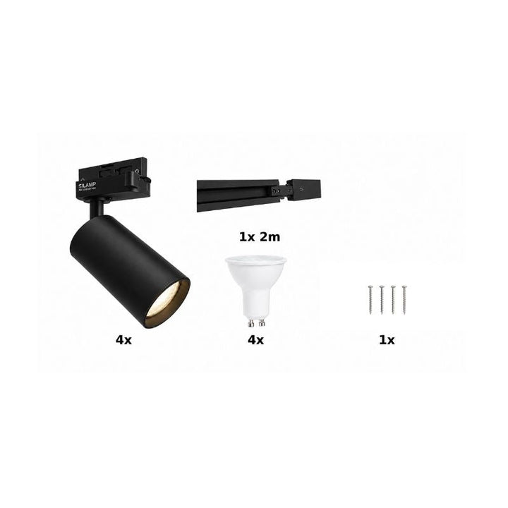 Contenu du kit rail LED monophasé noir 200 cm avec 4 spots GU10