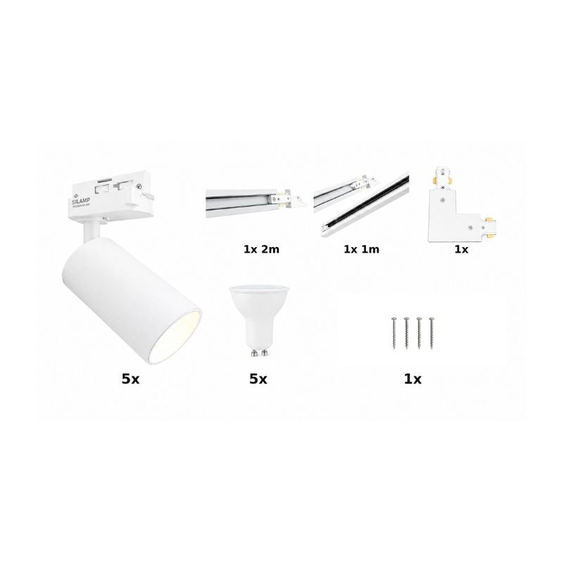 Contenu du kit rail LED monophasé en L blanc 300 cm avec 5 spots GU10