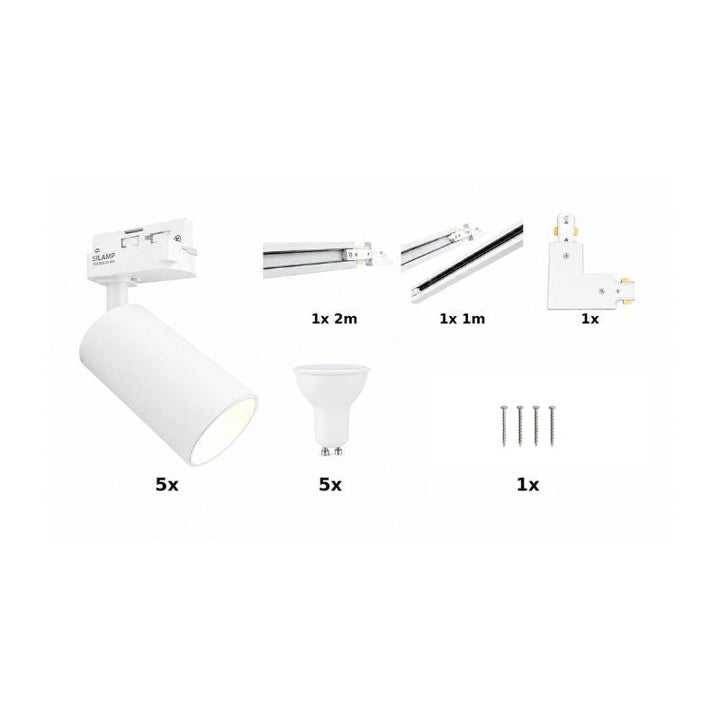 Contenu du kit rail LED monophasé en L blanc 300 cm avec 5 spots GU10