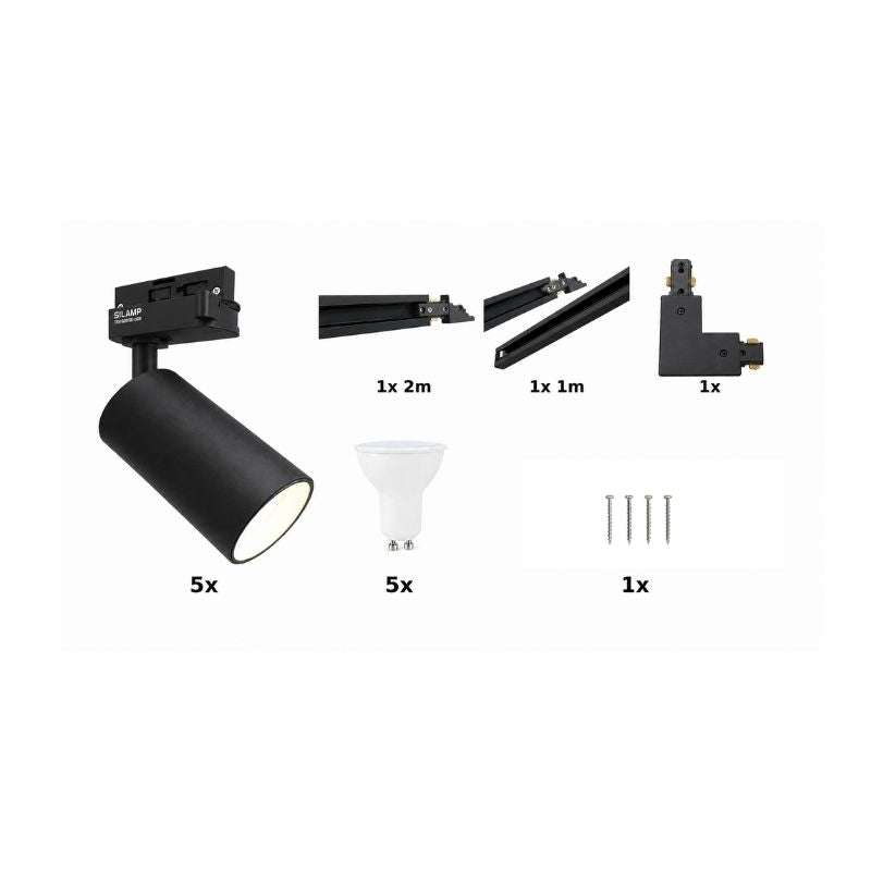 Contenu du kit rail LED monophasé en L noir 300 cm avec 5 spots GU10