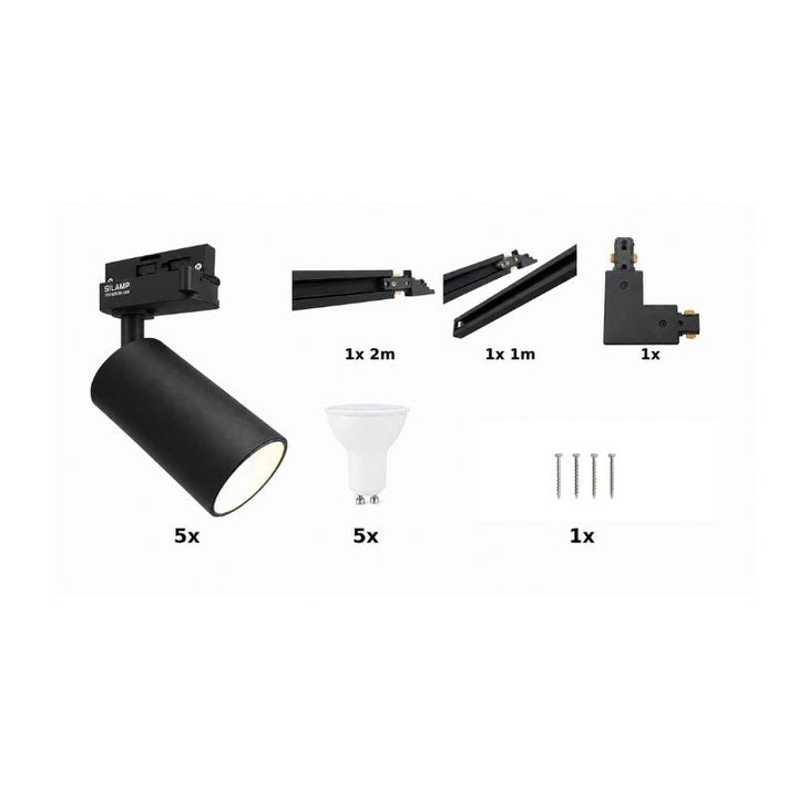 Contenu du kit rail LED monophasé en L noir 300 cm avec 5 spots GU10