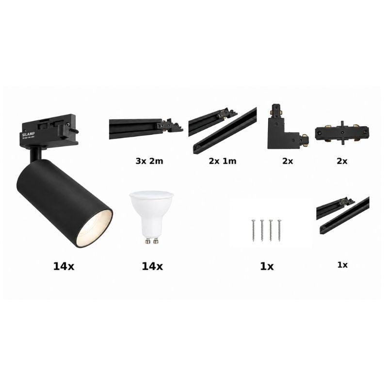 Contenu du kit rail LED monophasé en U noir 800 cm avec 14 spots GU10