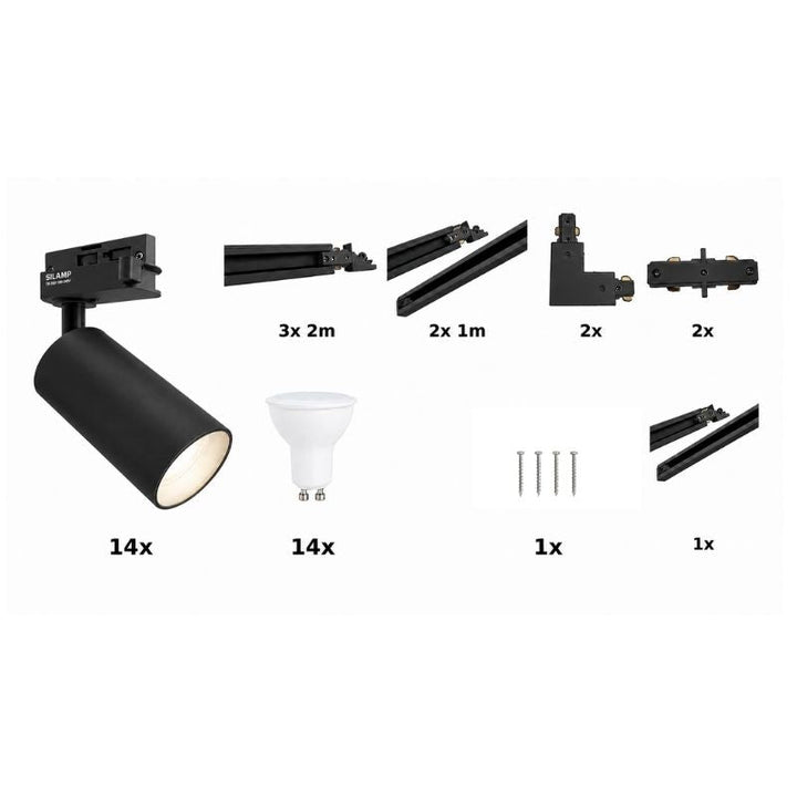 Contenu du kit rail LED monophasé en U noir 800 cm avec 14 spots GU10
