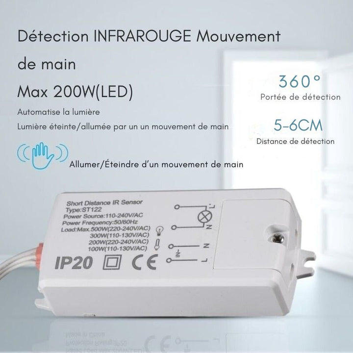Mini Détecteur de Mouvement ON/OFF Infrarouge à Encastrer 200W max