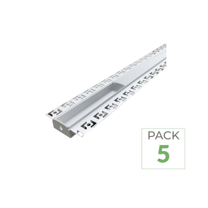 Profilé Aluminium encastré 2m pour Ruban LED Double Couvercle Blanc Opaque - Pack de 5