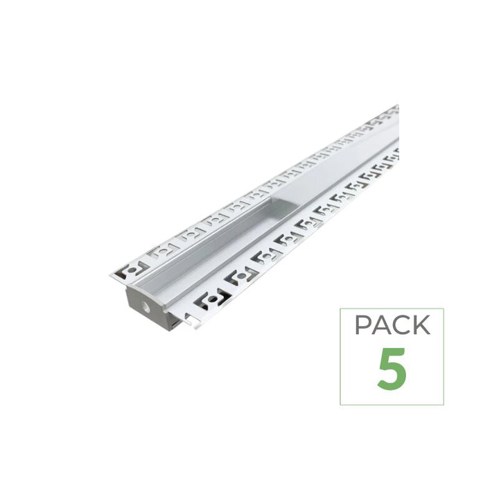 Pack de 5 - Profilé Aluminium encastré 1m pour Ruban LED Double Couvercle Blanc Opaque