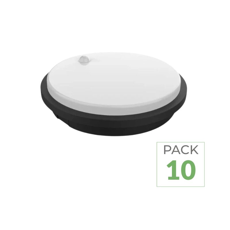 Pack de 10 - Hublot LED Extérieur Rond 10W IP54 Noir avec détecteur de mouvement