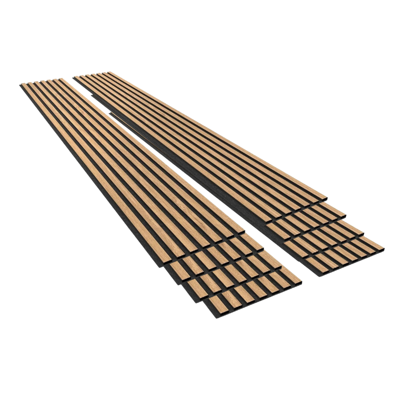 Lot de 8 Panneaux Acoustiques Muraux - Tasseaux Finition Chêne Blanc - Fond Noir - 240x60x2,2cm