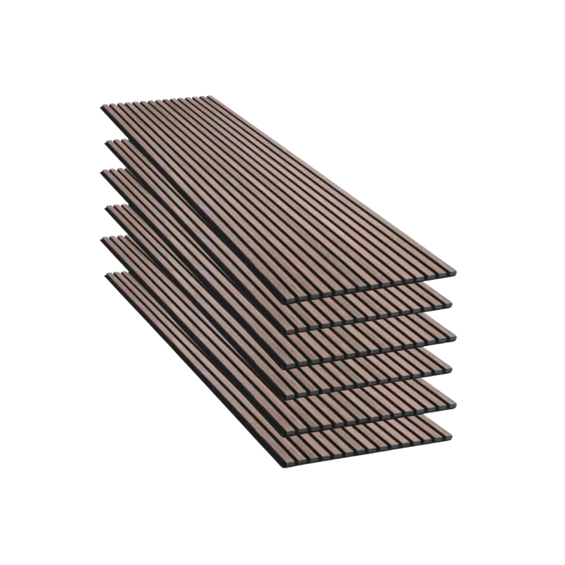 Lot de 6 Panneaux Acoustiques Murauxl- Tasseaux Finition Noyer - Fond Noir - 240x60x2,2cm