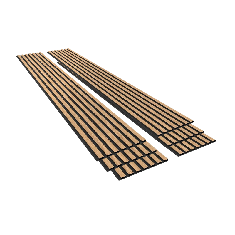 Lot de 6 Panneaux Acoustiques Muraux - Tasseaux Finition Chêne Blanc - Fond Noir - 240x60x2,2cm