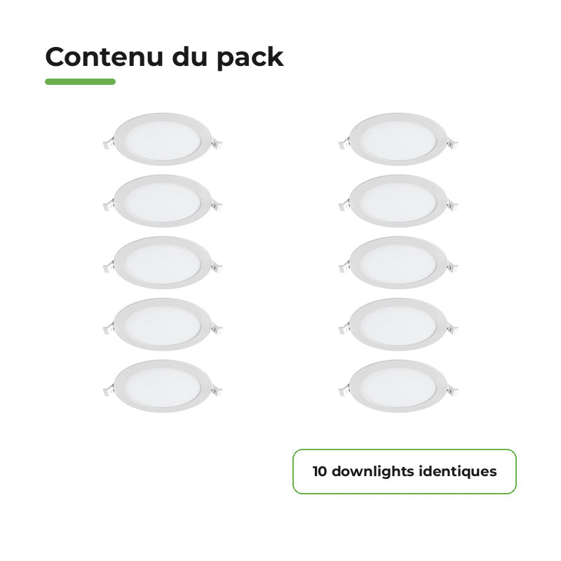 Downlight Dalle LED Ronde Ø170mm 12W Blanc CCT - Pack de 10 – contenu du colis