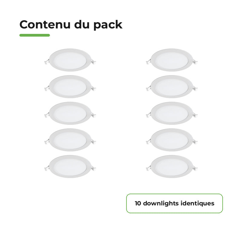 Downlight Dalle LED Ronde Ø198mm 15W Blanc CCT - Pack de 10 – contenu du colis
