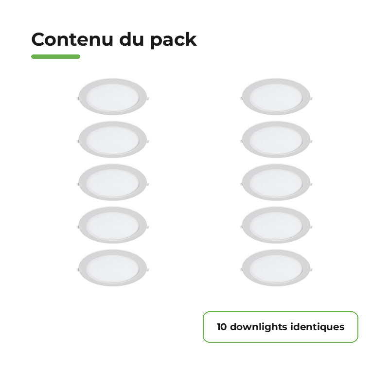 Downlight Dalle LED Ronde Ø229mm 18W Blanc CCT - Pack de 10 – contenu du colis