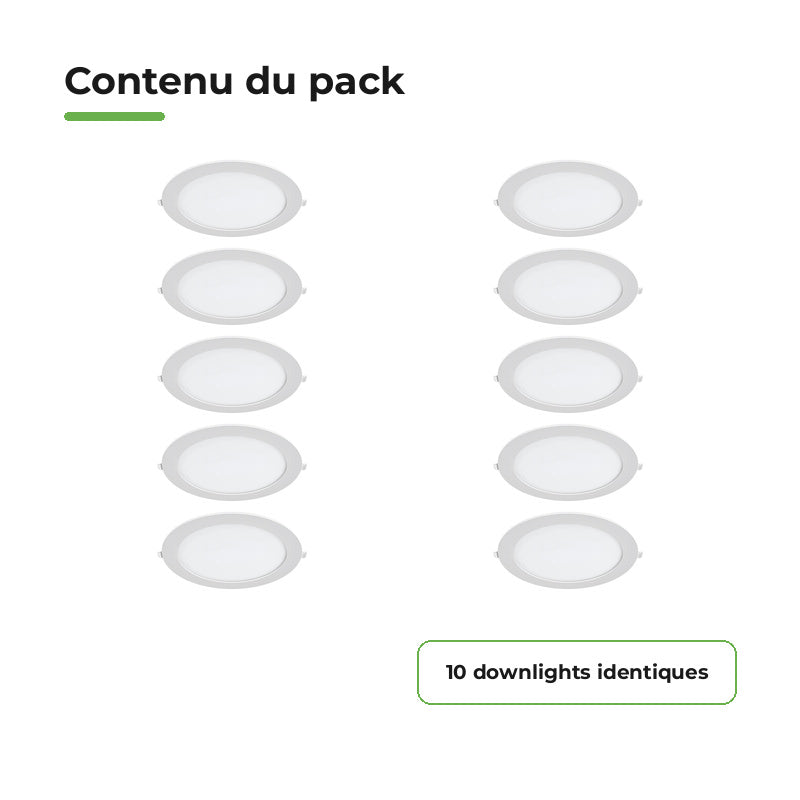 Downlight Dalle LED Ronde Ø229mm 18W Dimmable Blanc CCT - Pack de 10 – contenu du colis