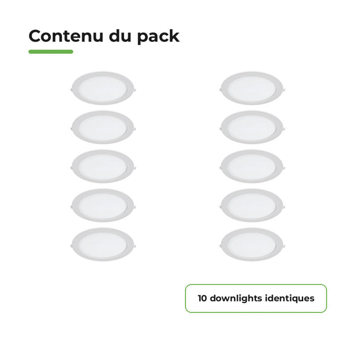 Downlight Dalle LED Ronde Ø229mm 18W Dimmable Blanc CCT - Pack de 10 – contenu du colis