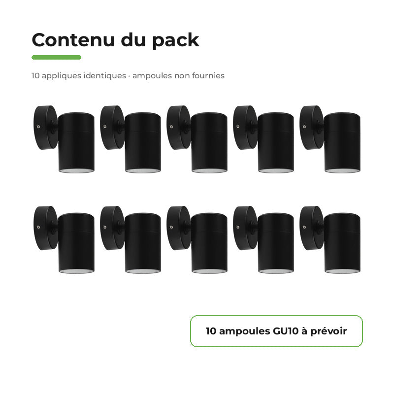 Applique murale LED Noire IP65 GU10 - Pack de 10