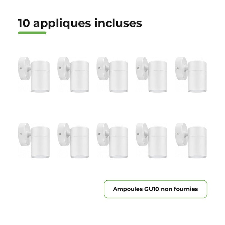 Applique Murale Blanche IP65 pour Ampoule GU10 - Pack de 10 – contenu du colis