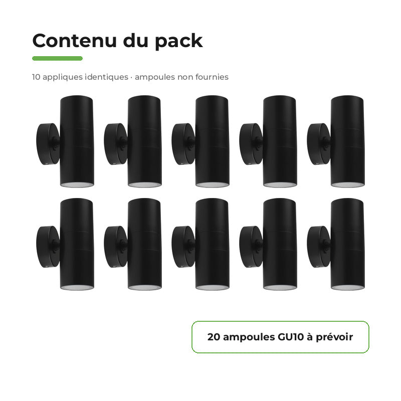 Pack of 10 - Black Wall Light IP65 Double Beam GU10