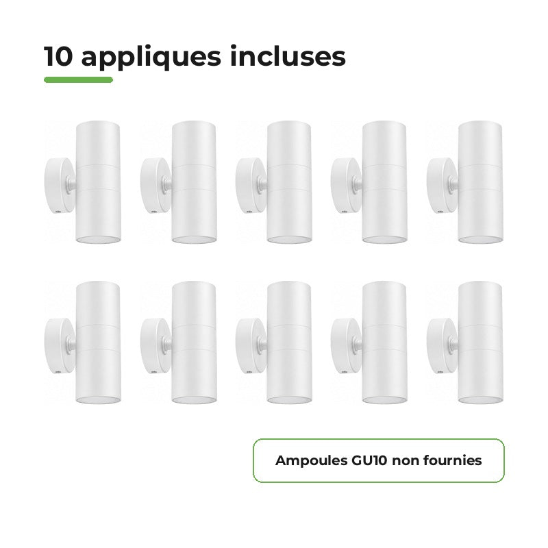 Applique Murale Blanche IP65 Double Faisceau GU10 - Pack de 10 – contenu du colis