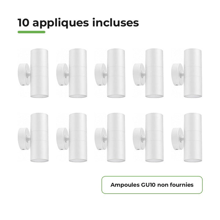 Applique Murale Blanche IP65 Double Faisceau GU10 - Pack de 10 – contenu du colis